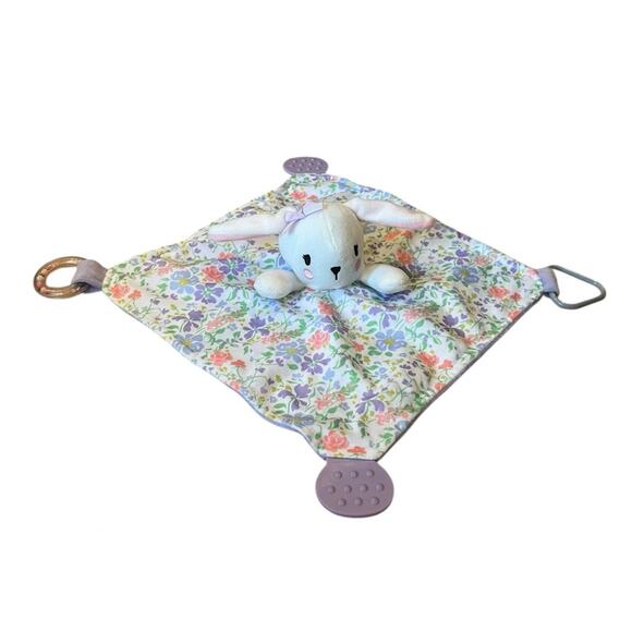 Modern Baby Bunny Rabbit Lovey Security Blanket Teether Rattle Floral 12x12 - Picture 1 of 8
